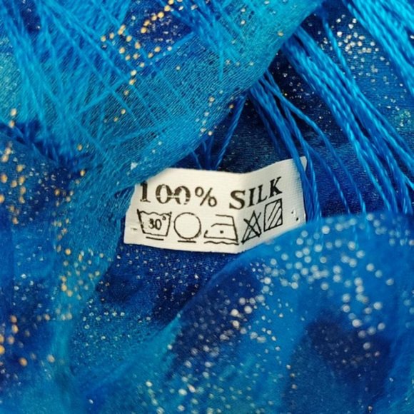 100% Silk Rectangle Scarf Sheer Blue Leopard Animal Print Silvery Dots Tassels - Picture 8 of 12